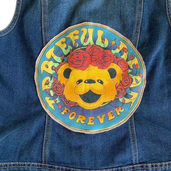 Via Penny Lane Reworked Apparel | Grateful Dead Bear Custom Upcycled Denim Vest - Picture 6 of 8